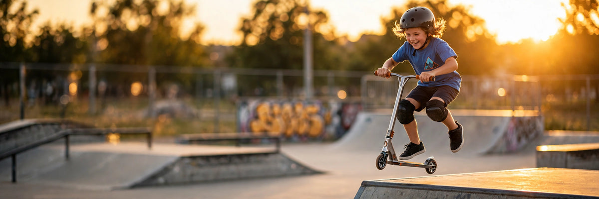 Kid doing a trick on a stunt scooter at golden hour